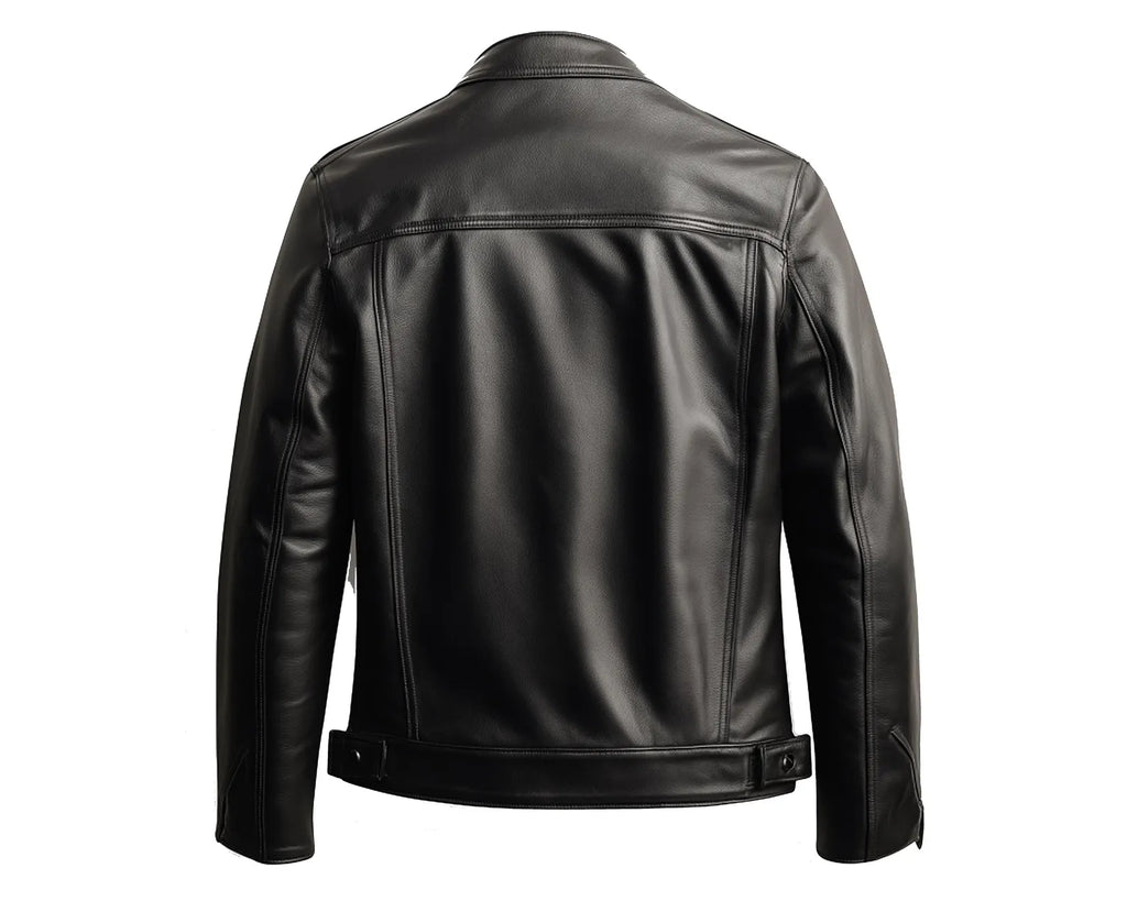 Men's Black Genuine Leather Jacket | Slim Fit Band Collar Biker Jacket