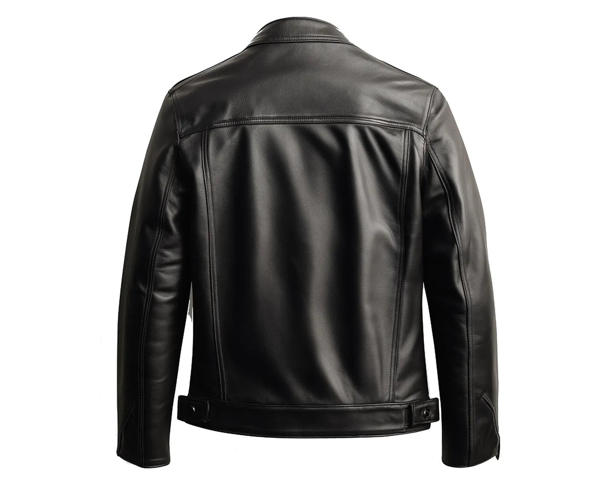 Men's Black Genuine Leather Jacket | Slim Fit Band Collar Biker Jacket