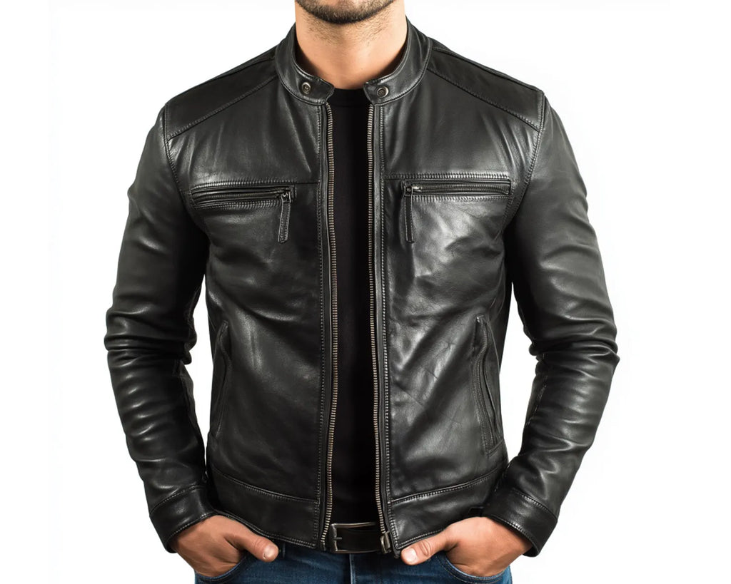 Men's Black Genuine Leather Jacket | Slim Fit Band Collar Biker Jacket