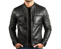 Men's Black Genuine Leather Jacket | Slim Fit Band Collar Biker Jacket