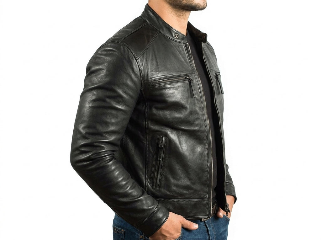 Men's Black Genuine Leather Jacket | Slim Fit Band Collar Biker Jacket