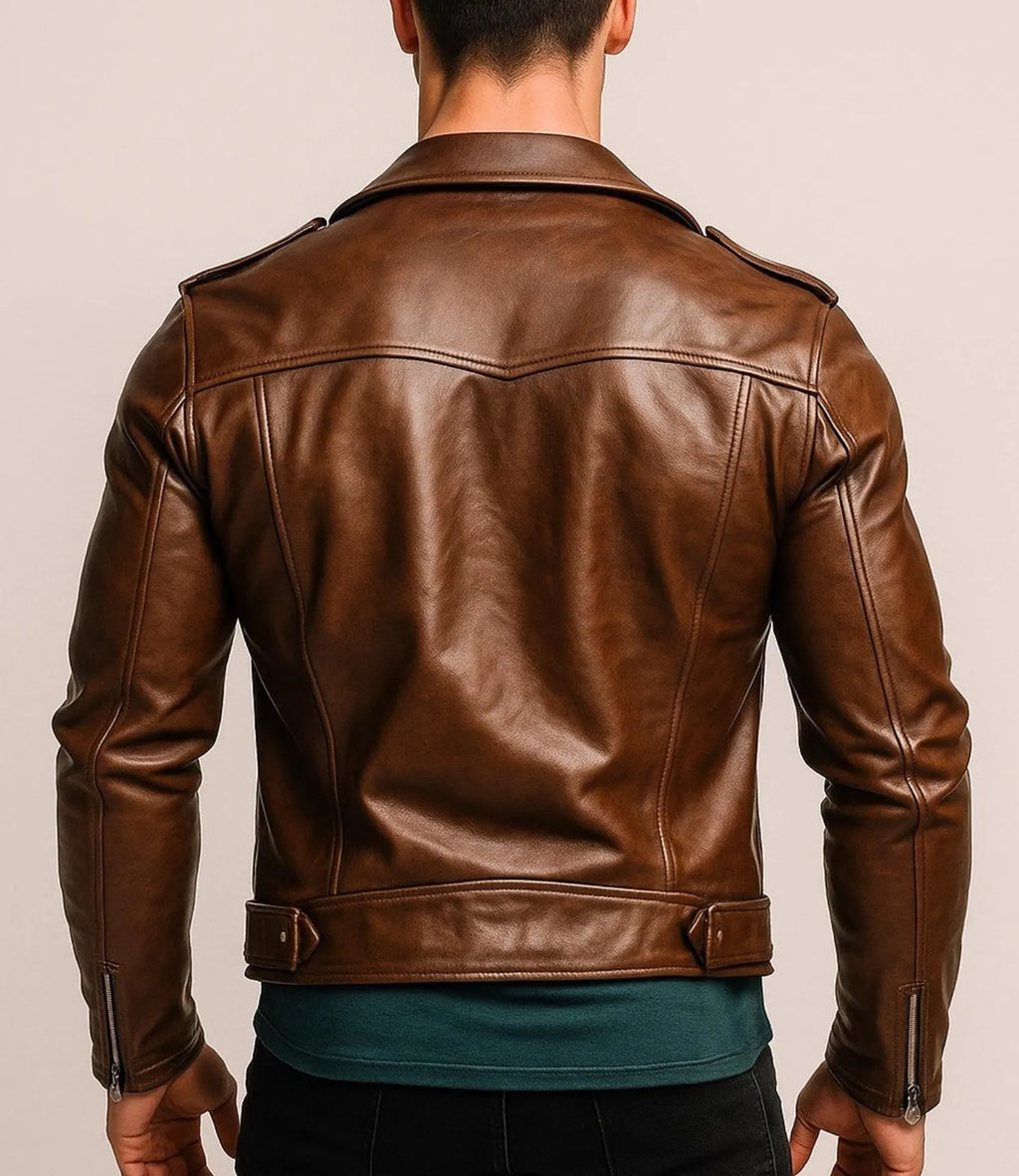 Men's Tan Brown Genuine Cow Leather Jacket | Slim Fit Moto Leather Jacket