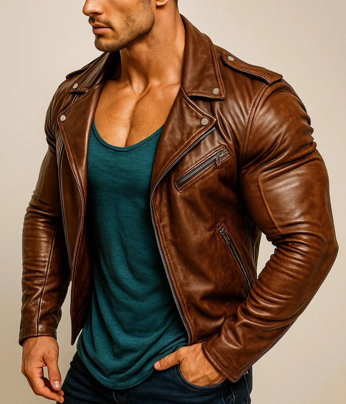 Men's Tan Brown Genuine Cow Leather Jacket | Slim Fit Moto Leather Jacket
