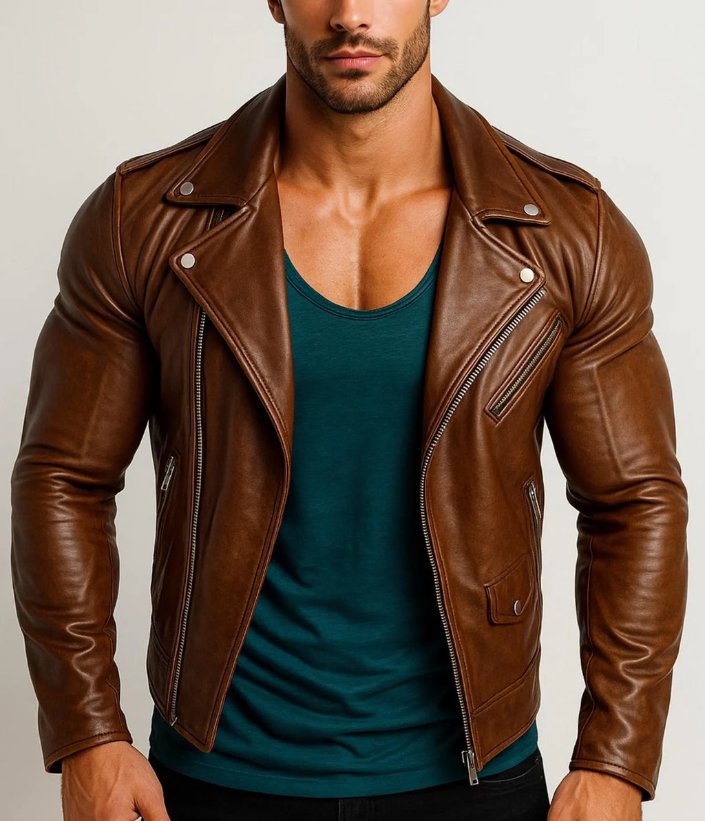 Men's Tan Brown Genuine Cow Leather Jacket | Slim Fit Moto Leather Jacket