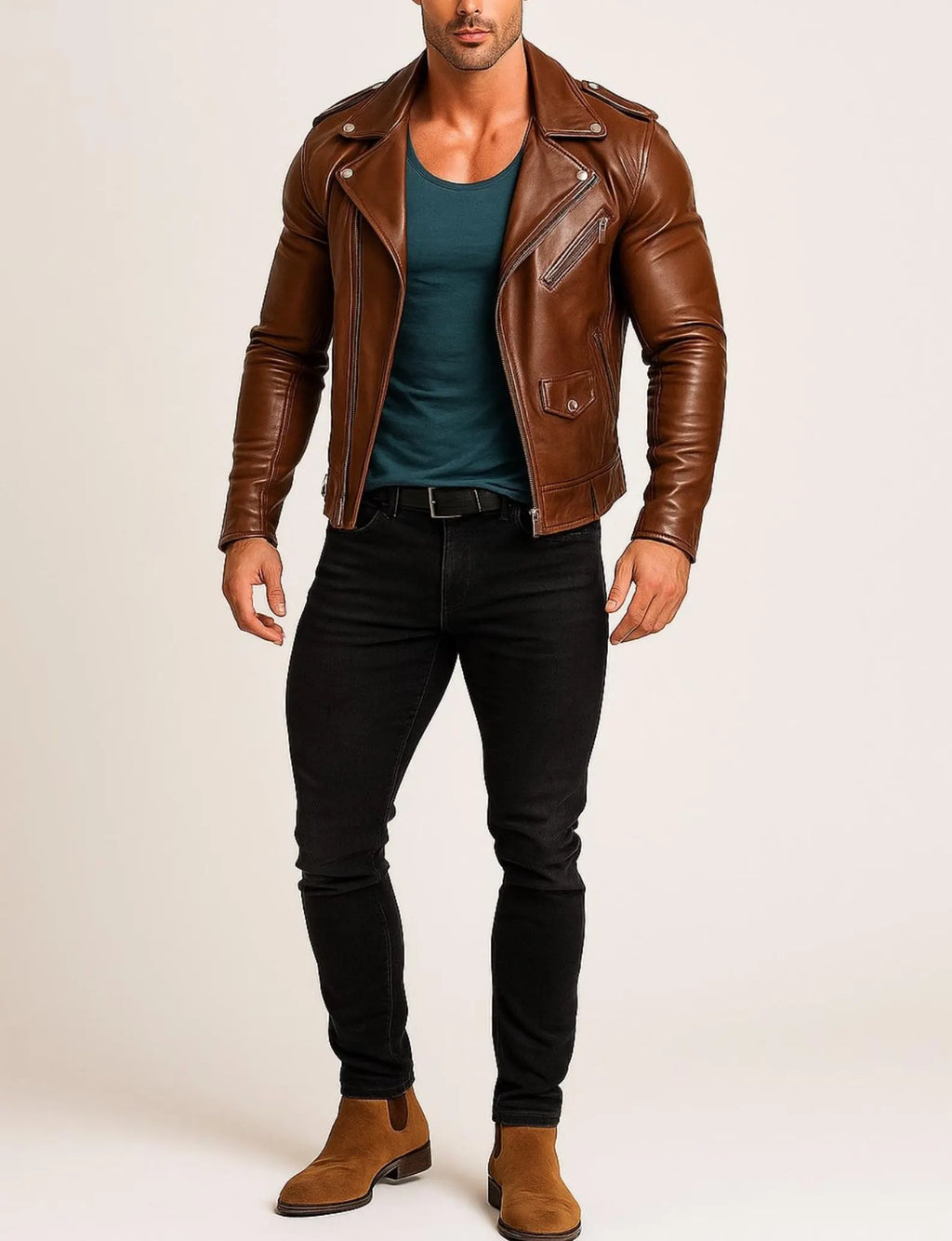 Men's Tan Brown Genuine Cow Leather Jacket | Slim Fit Moto Leather Jacket