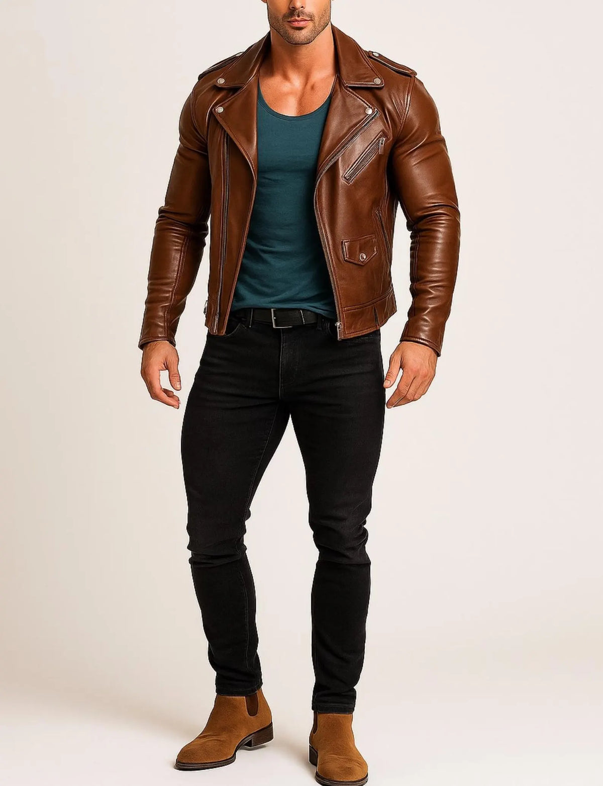Men's Tan Brown Genuine Cow Leather Jacket | Slim Fit Moto Leather Jacket
