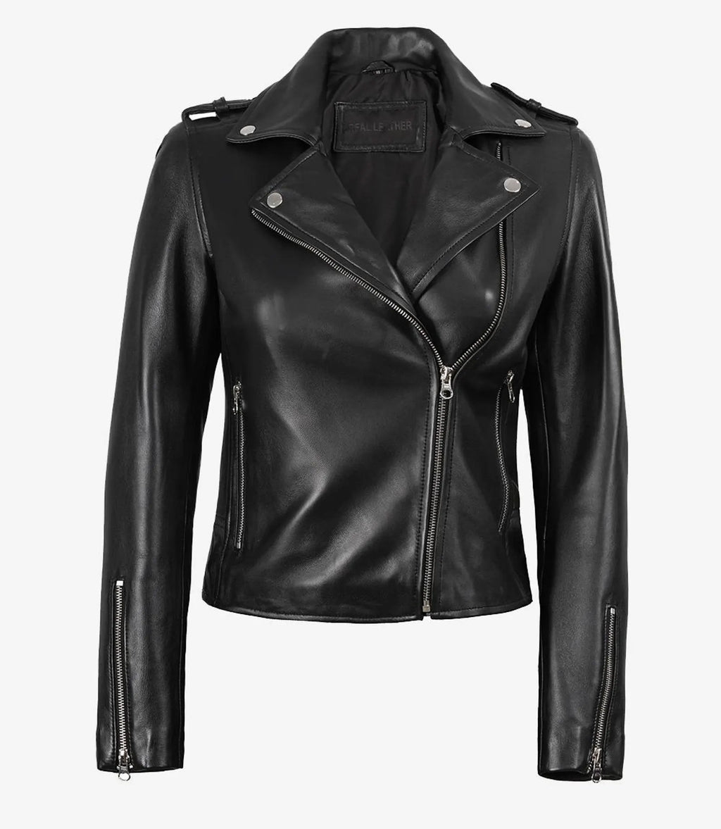 Women's Black Leather Biker Jacket | Genuine Leather Moto Jacket