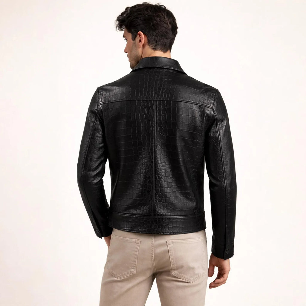 Men's Crocodile Embossed Cow Leather Trucker Jacket | Slim Fit Genuine Leather