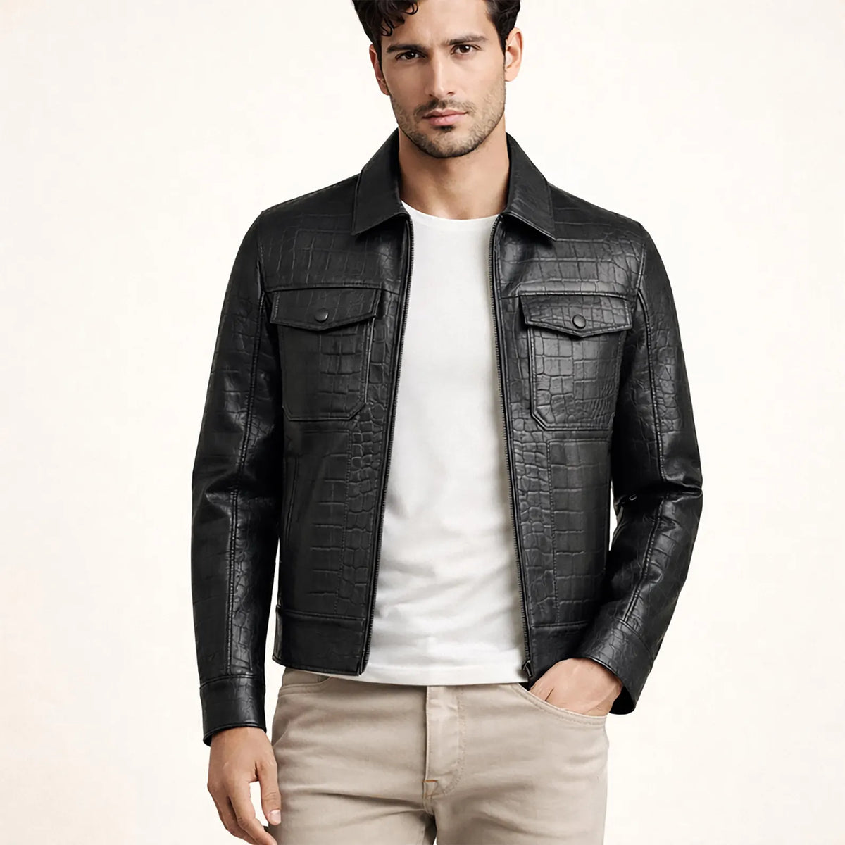 Men's Crocodile Embossed Cow Leather Trucker Jacket | Slim Fit Genuine Leather