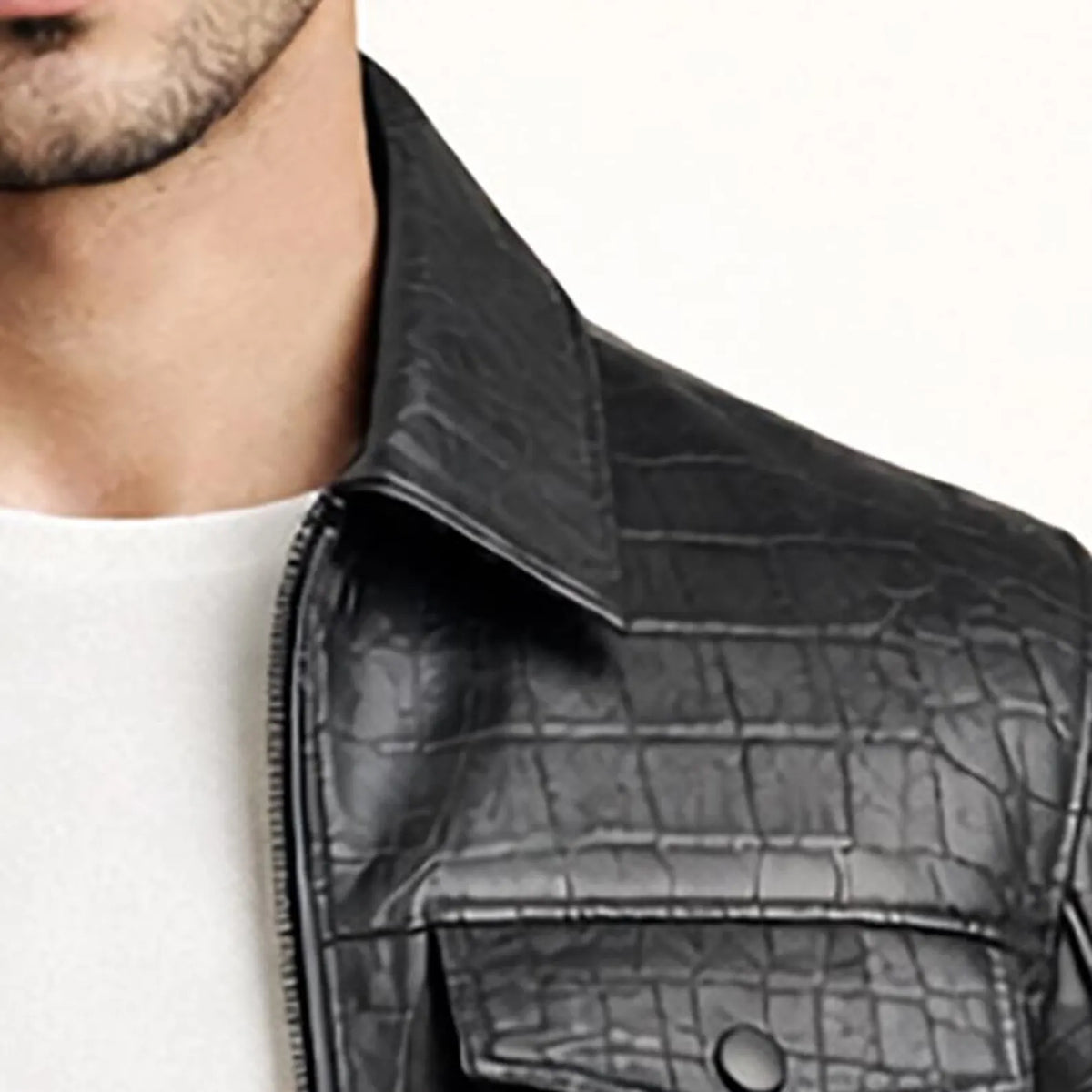 Men's Crocodile Embossed Cow Leather Trucker Jacket | Slim Fit Genuine Leather