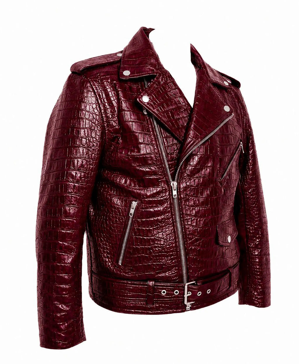 Men's Red Wine Crocodile Embossed Moto Jacket | Genuine Leather Jacket