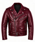 Men's Red Wine Crocodile Embossed Moto Jacket | Genuine Leather Jacket