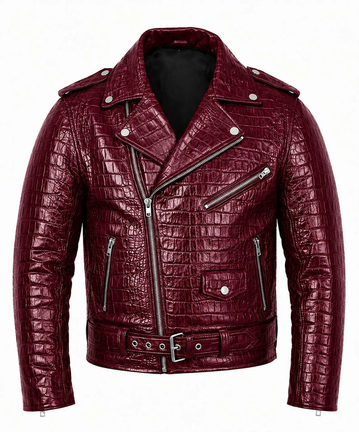 Men's Red Wine Crocodile Embossed Moto Jacket | Genuine Leather Jacket