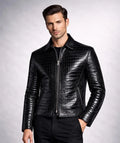 Men's Crocodile Embossed Cow Leather Jacket | Slim Fit Shirt Collar Jacket