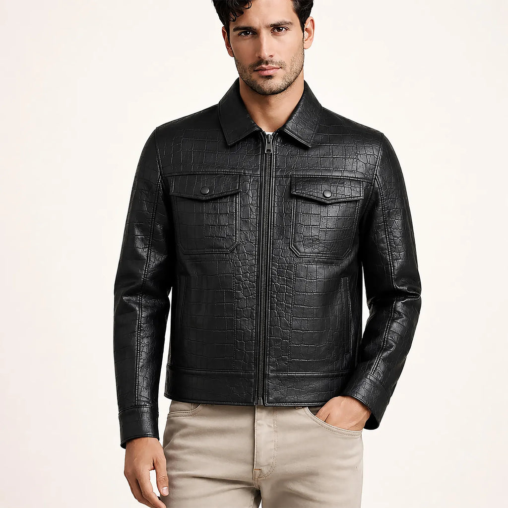 Men's Crocodile Embossed Cow Leather Trucker Jacket | Slim Fit Genuine Leather