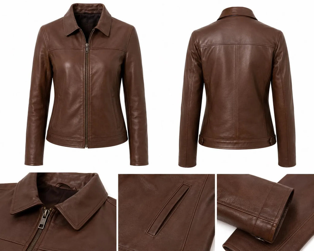 Women's Chestnut Brown Cow Leather Jacket | Slim Fit Shirt Collar Jacket
