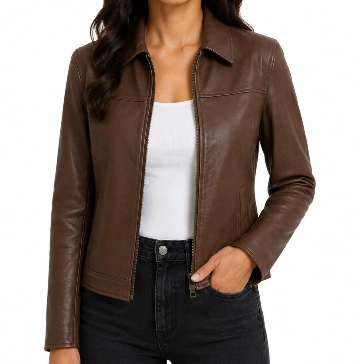Women's Chestnut Brown Cow Leather Jacket | Slim Fit Shirt Collar Jacket