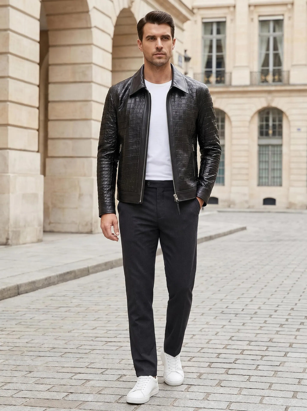 Men's Crocodile Embossed Cow Leather Jacket | Slim Fit Shirt Collar Jacket