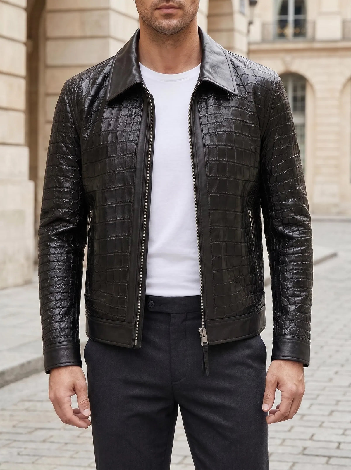 Men's Crocodile Embossed Cow Leather Jacket | Slim Fit Shirt Collar Jacket