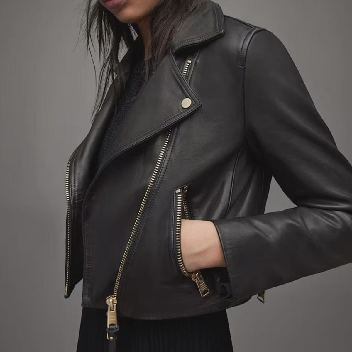 Black Cow Leather Jacket for Women | Cropped Biker Jacket