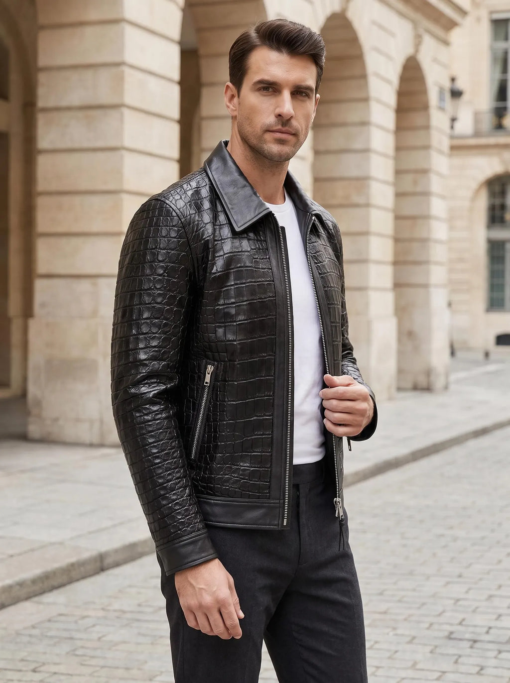 Men's Crocodile Embossed Cow Leather Jacket | Slim Fit Shirt Collar Jacket