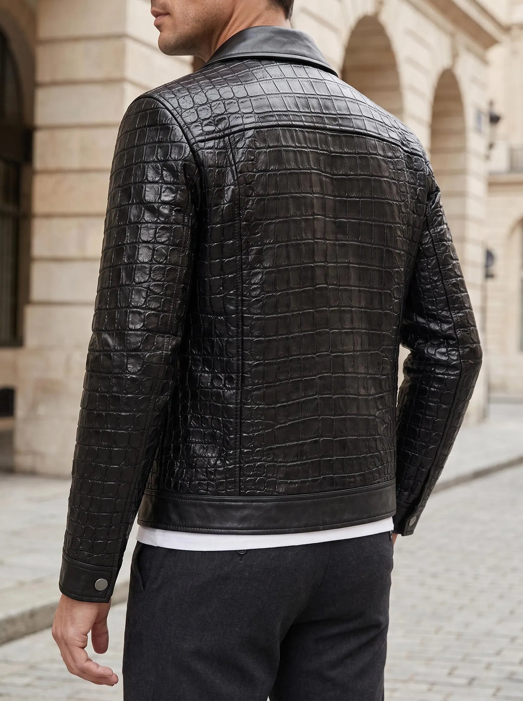 Men's Crocodile Embossed Cow Leather Jacket | Slim Fit Shirt Collar Jacket
