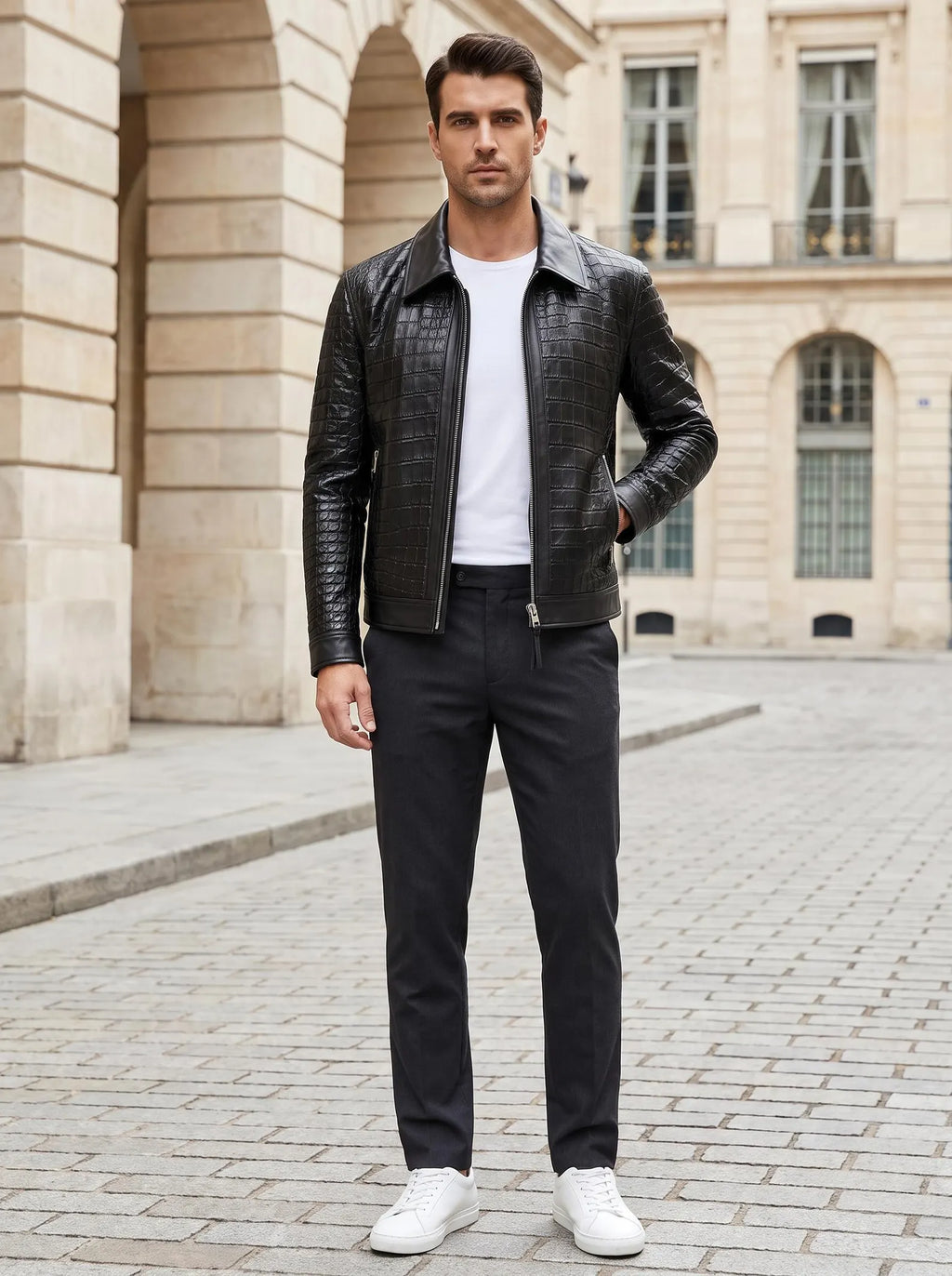 Men's Crocodile Embossed Cow Leather Jacket | Slim Fit Shirt Collar Jacket