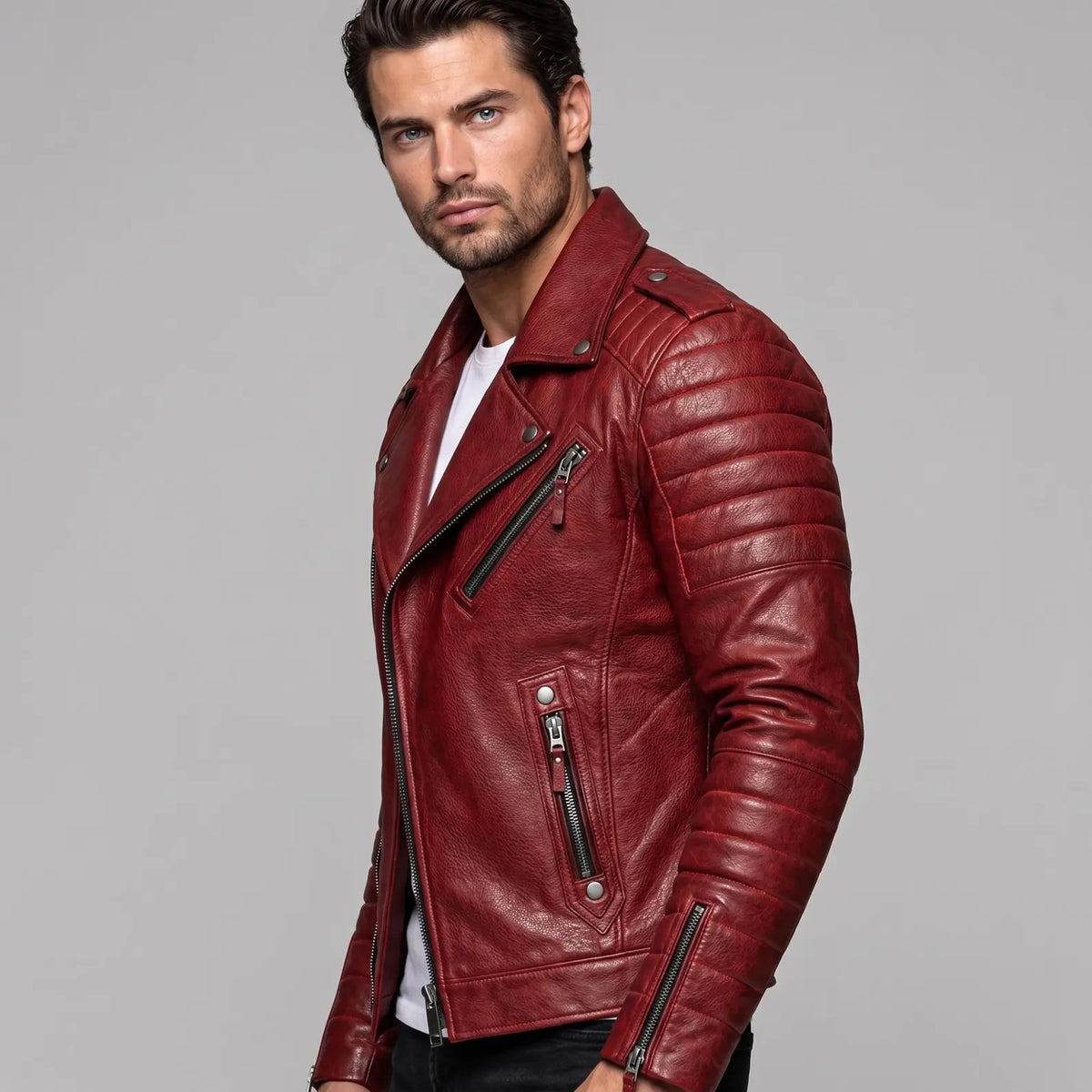Men's Red Leather Biker Jacket | Genuine Leather Quilted Motorcycle Jacket