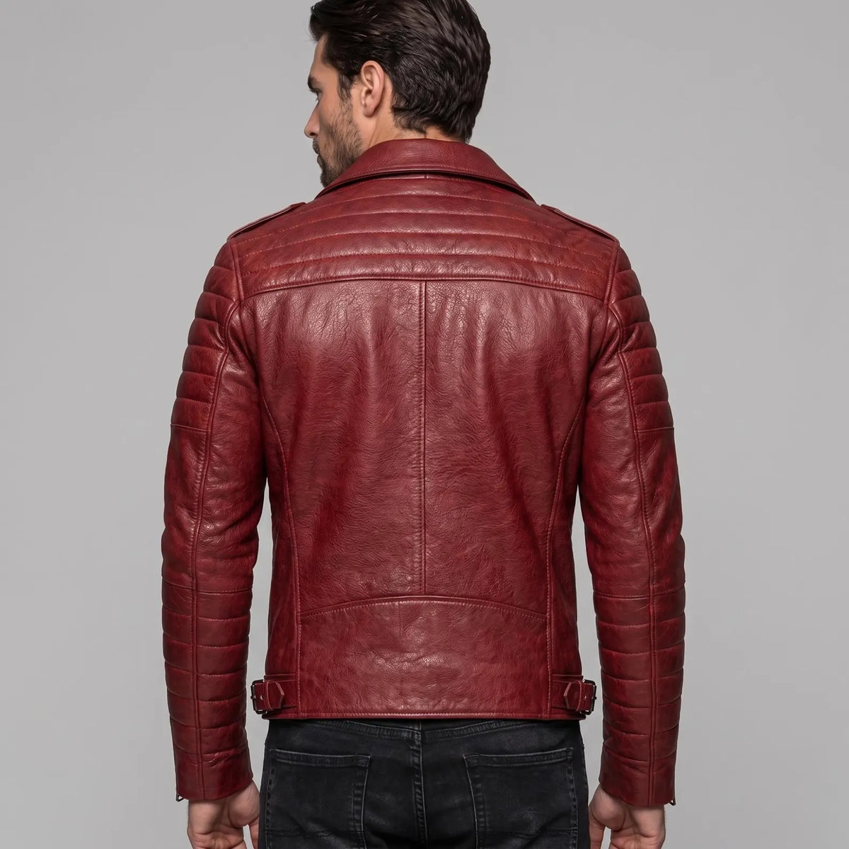 Men's Red Leather Biker Jacket | Genuine Leather Quilted Motorcycle Jacket