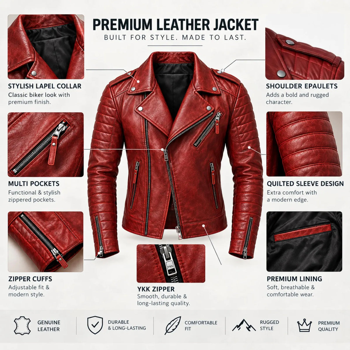 Men's Red Leather Biker Jacket | Genuine Leather Quilted Motorcycle Jacket