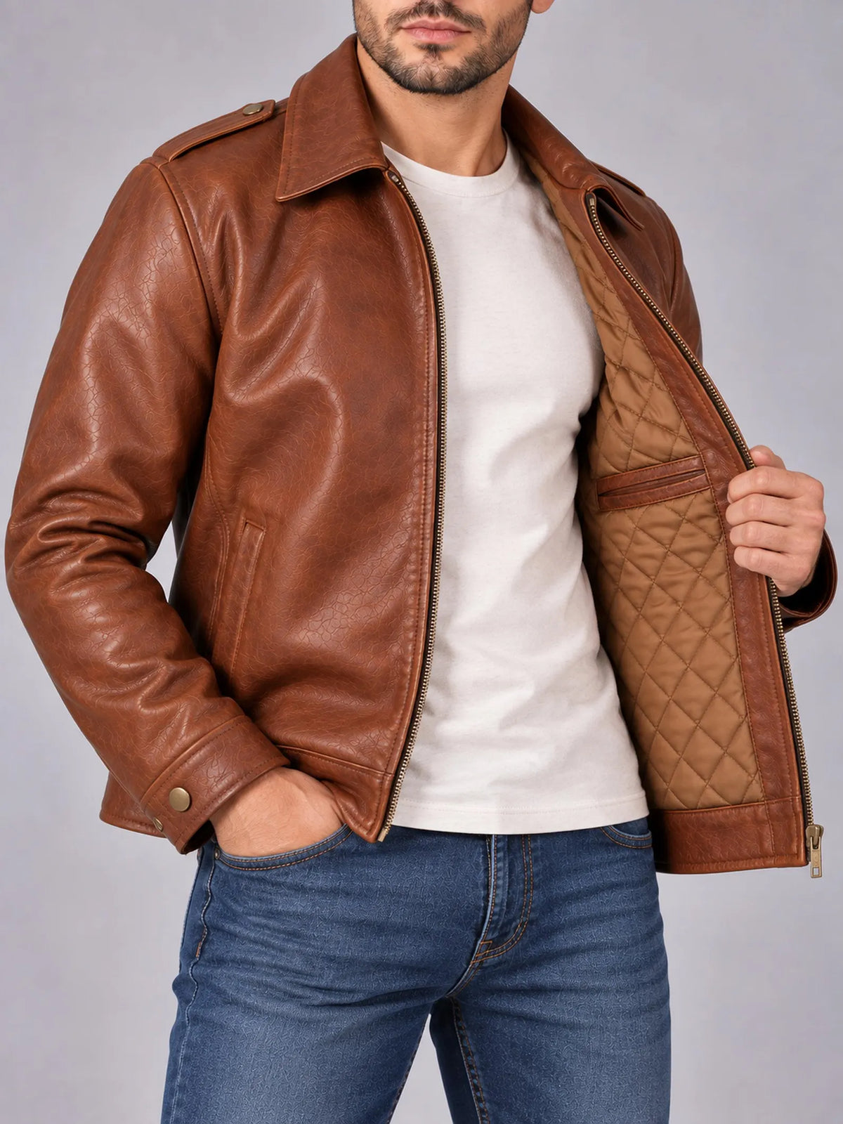 Men's Cognac Brown Genuine Cow Leather Jacket | Classic Shirt Collar Zip Jacket