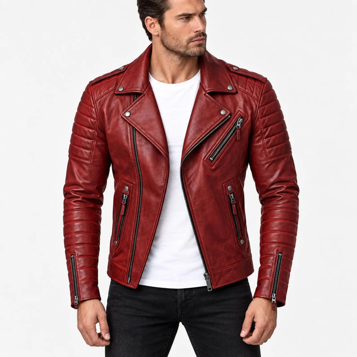 Men's Red Leather Biker Jacket | Genuine Leather Quilted Motorcycle Jacket