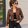 Women's Cognac Brown Genuine Leather Jacket | Cropped Belted Biker Jacket