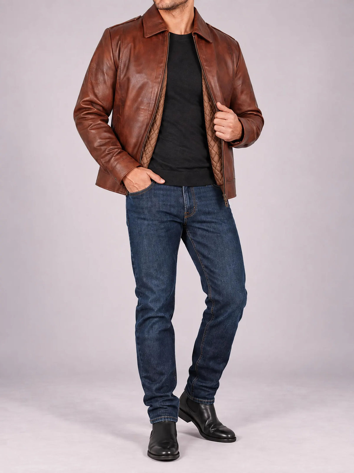 Men's Cognac Brown Genuine Cow Leather Jacket | Classic Shirt Collar Zip Jacket