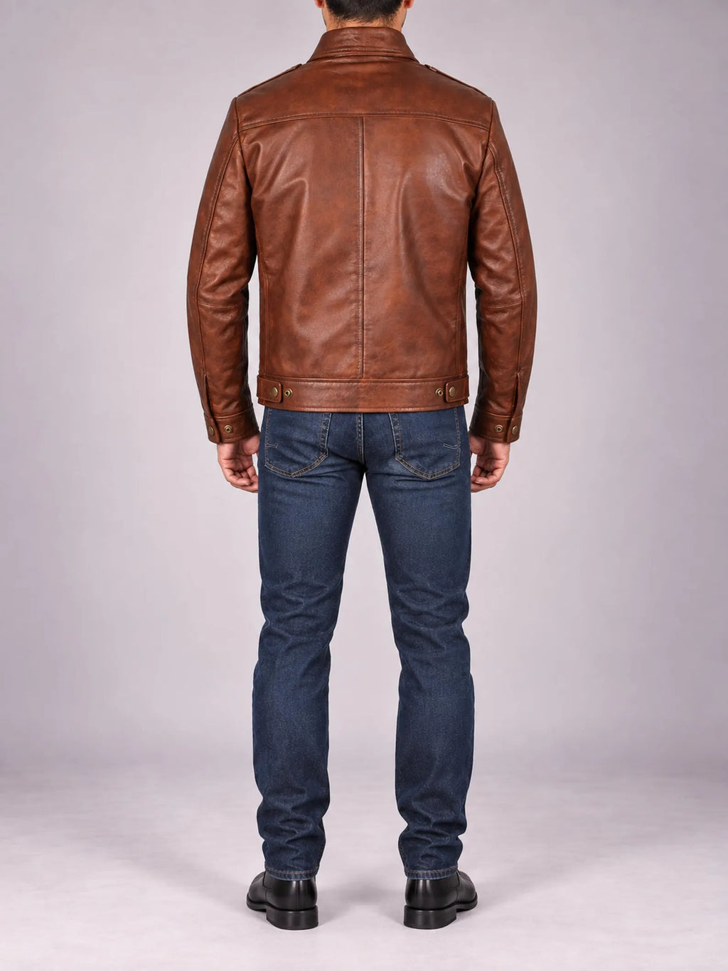 Men's Cognac Brown Genuine Cow Leather Jacket | Classic Shirt Collar Zip Jacket
