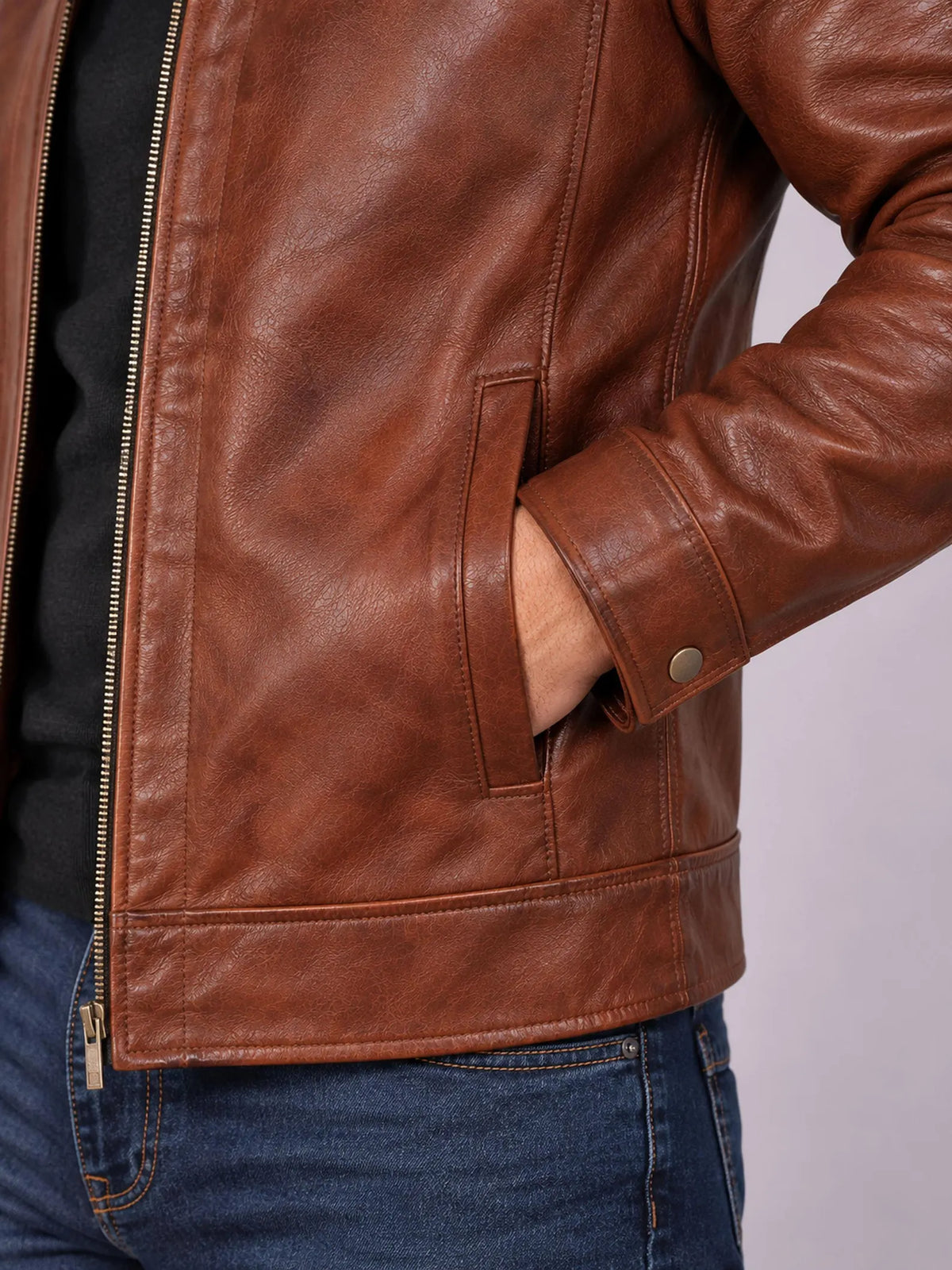 Men's Cognac Brown Genuine Cow Leather Jacket | Classic Shirt Collar Zip Jacket