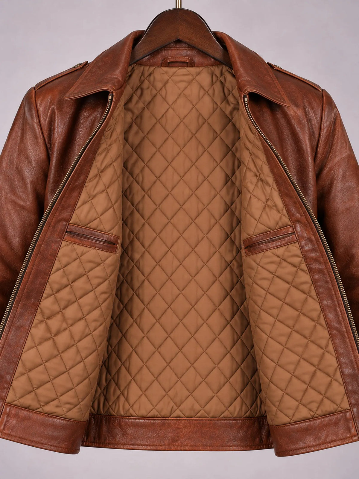 Men's Cognac Brown Genuine Cow Leather Jacket | Classic Shirt Collar Zip Jacket