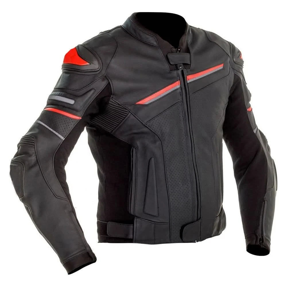 Men's Black Leather Motorcycle Jacket | CE Armored Racing Biker Jacket