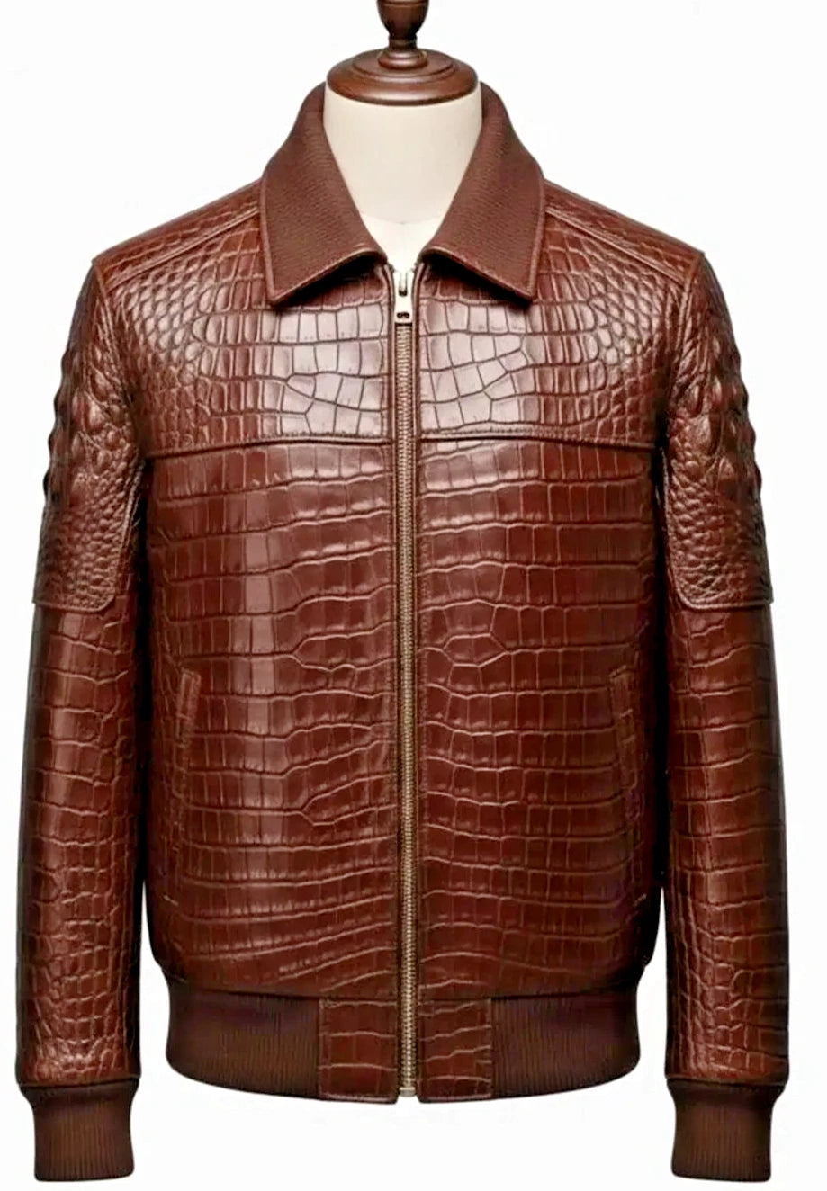Men’s Crocodile Embossed Cow Leather Bomber Jacket | Handmade
