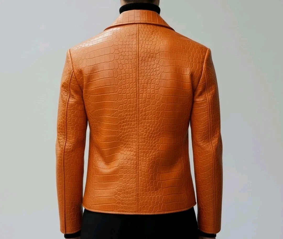 Men’s Double Breasted Croc Embossed Cowhide Leather Jacket | B-UNIK