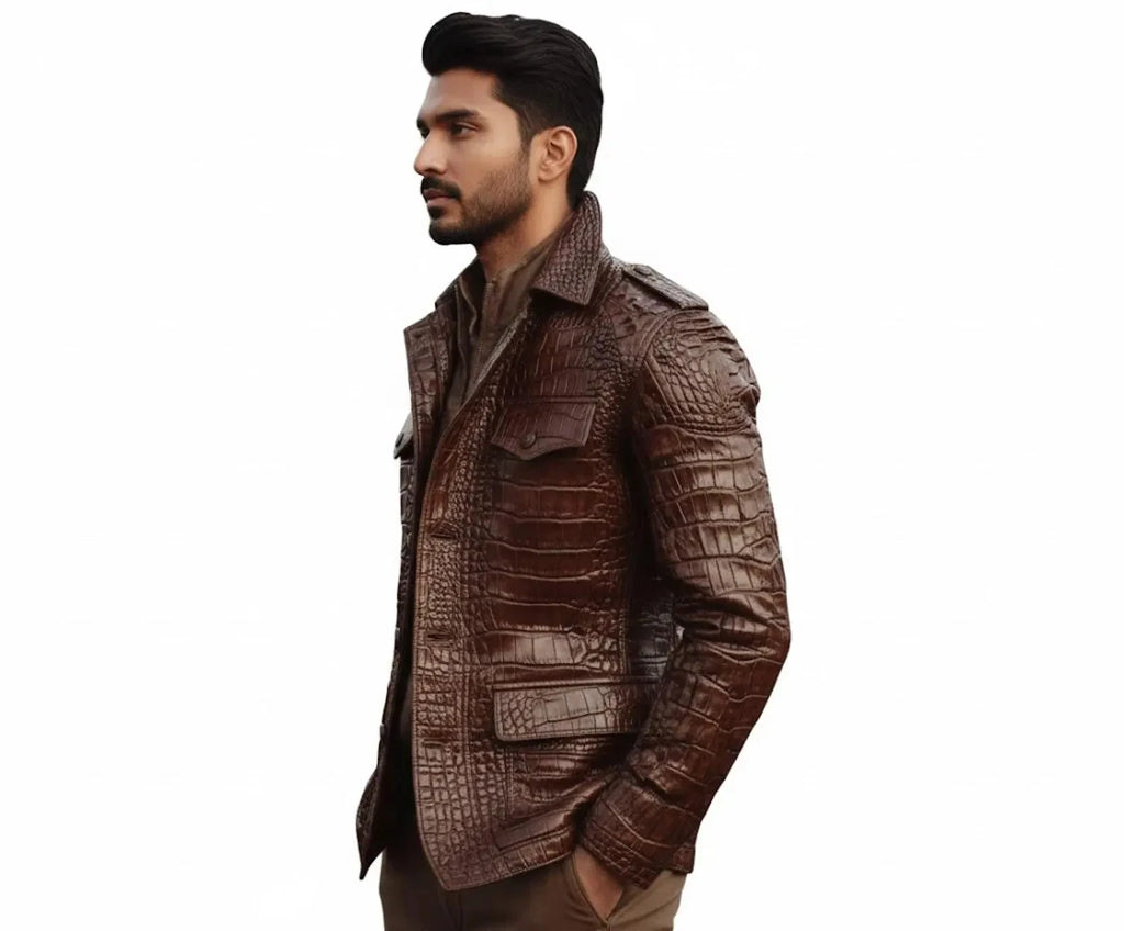 Men’s Brown Crocodile Embossed Leather Blazer | Luxury | B-UNIK