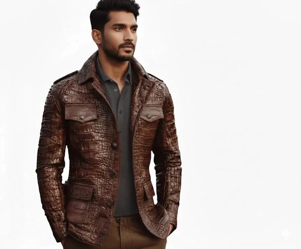 Men’s Brown Crocodile Embossed Leather Blazer | Luxury | B-UNIK