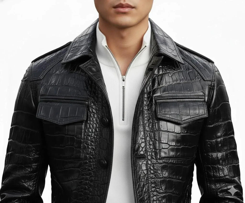 Men’s Black Crocodile Embossed Leather Blazer | B-UNIK