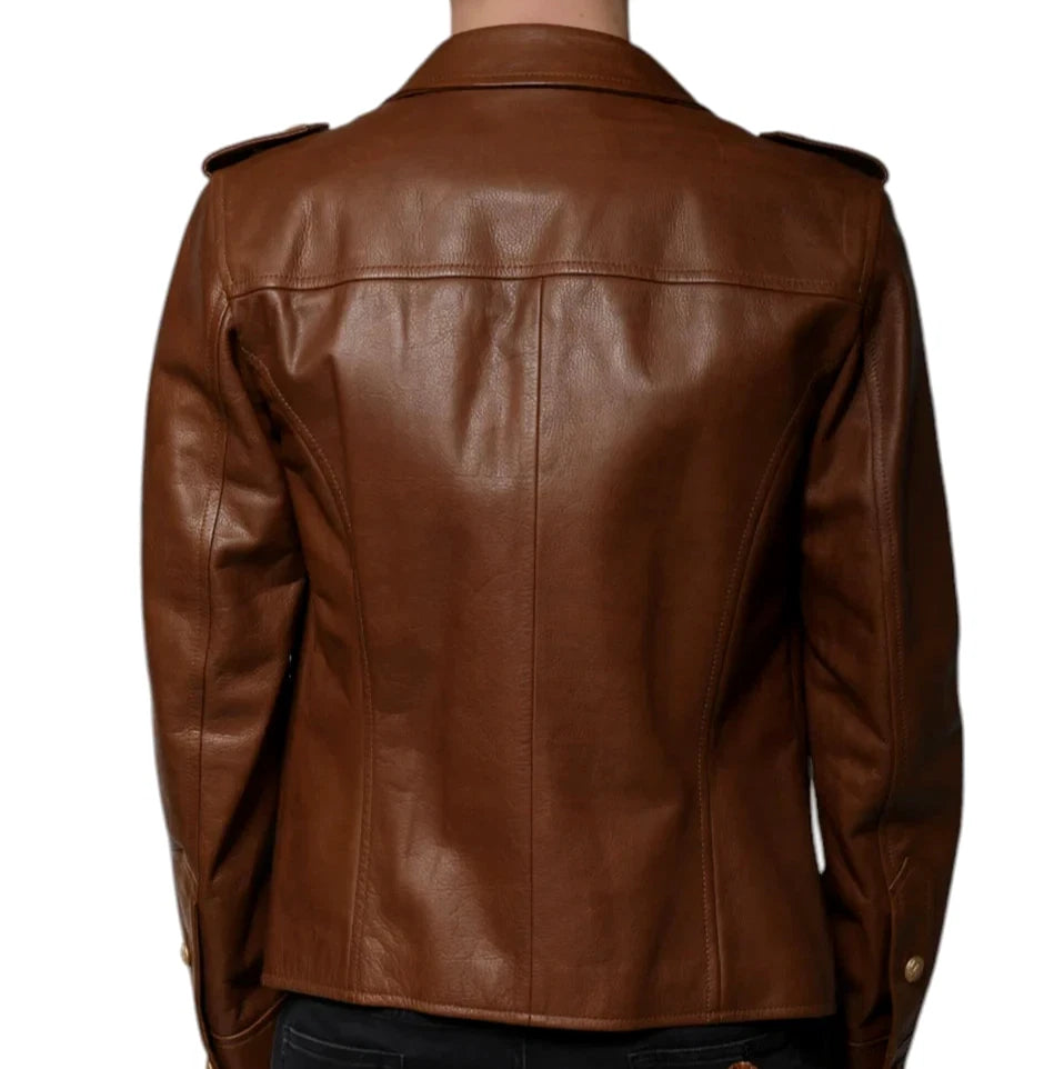 Men’s Genuine Calfskin Leather Jacket | Brown Button Front | B-UNIK
