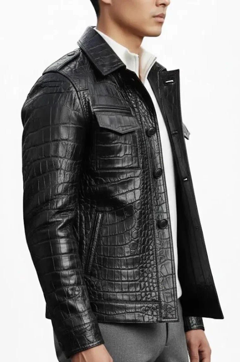 Men’s Black Crocodile Embossed Leather Blazer | B-UNIK