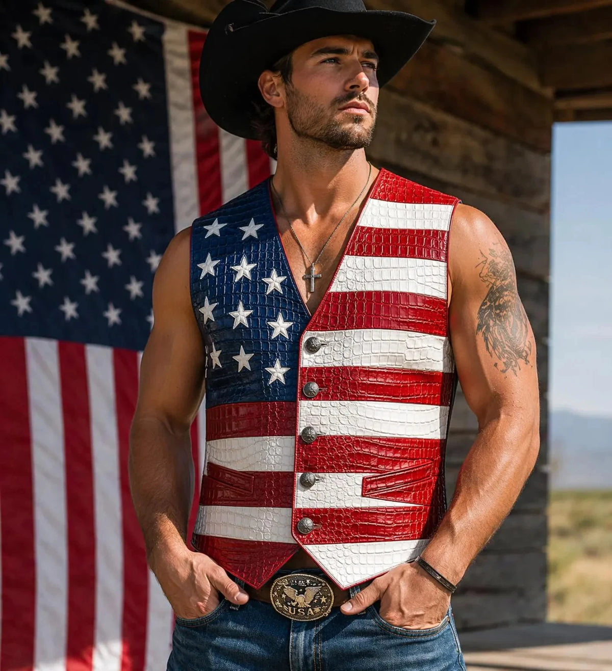 Men's American Flag Leather Vest | Handmade Croc-Embossed Biker Vest