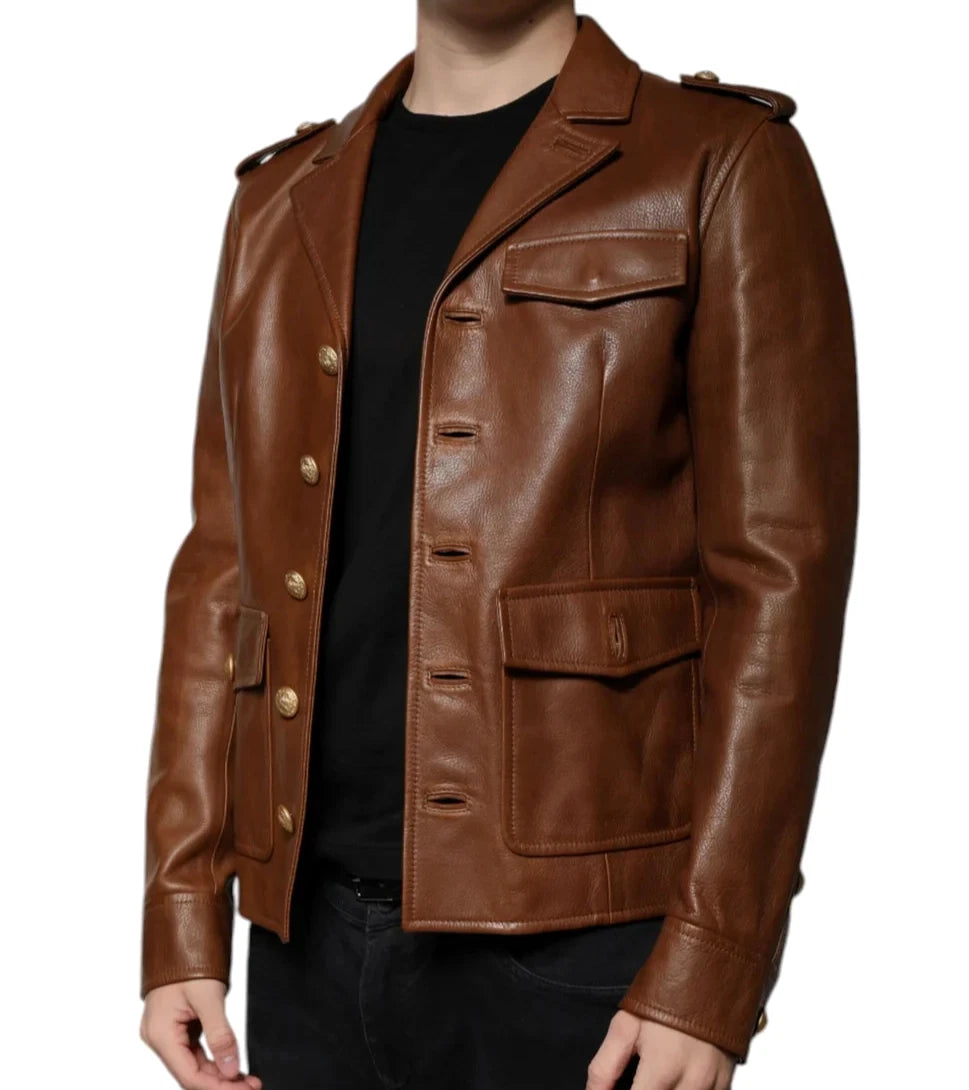 Men’s Genuine Calfskin Leather Jacket | Brown Button Front | B-UNIK