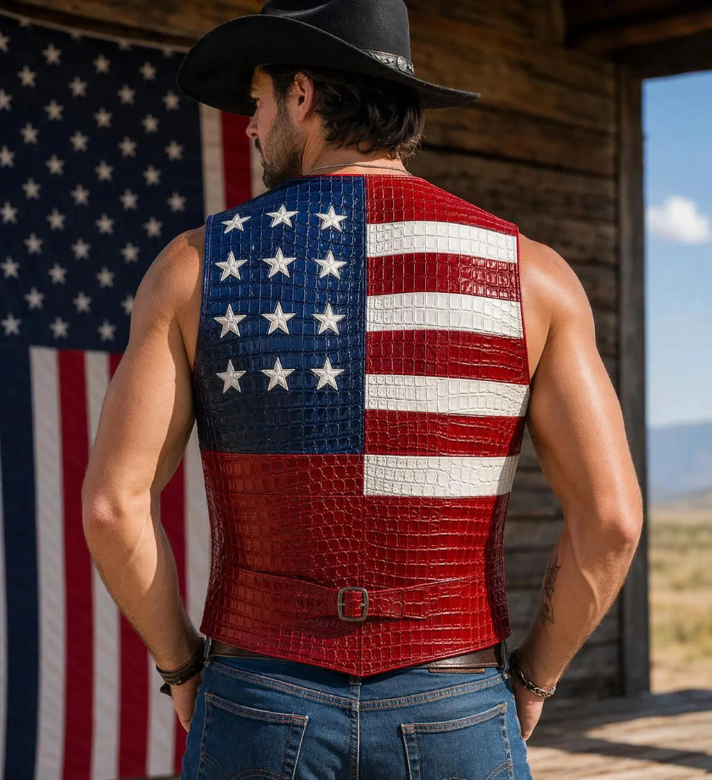 Men's American Flag Leather Vest | Handmade Croc-Embossed Biker Vest