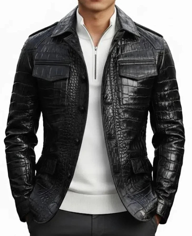 Men’s Black Crocodile Embossed Leather Blazer | B-UNIK