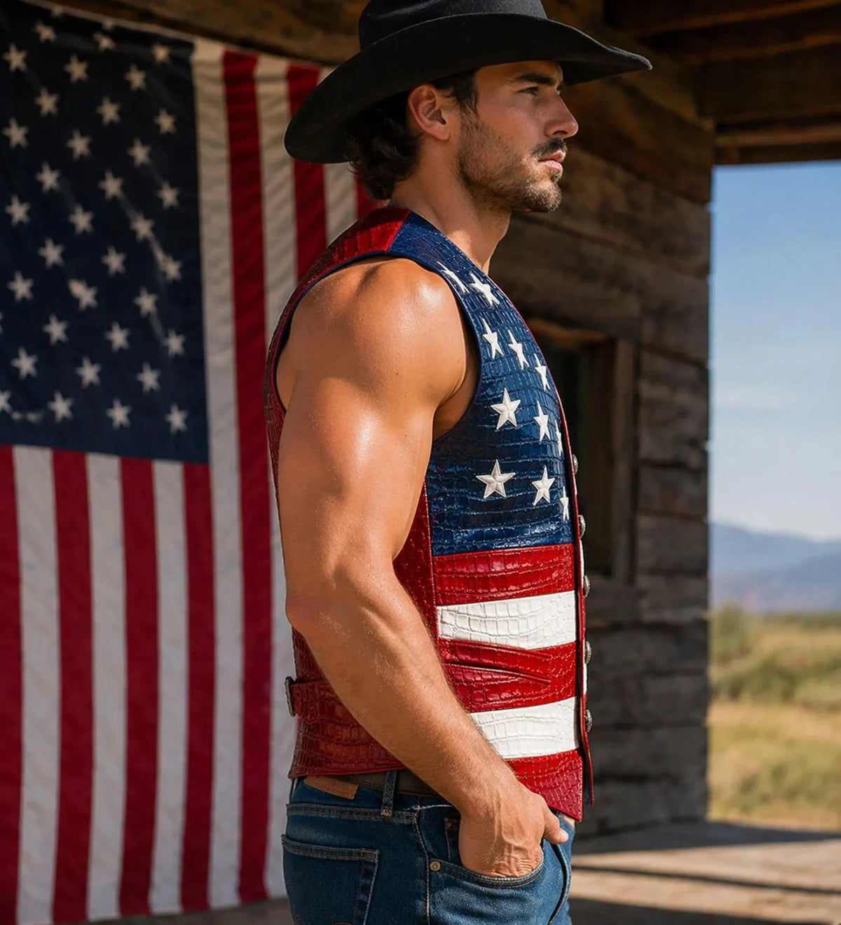 Men's American Flag Leather Vest | Handmade Croc-Embossed Biker Vest
